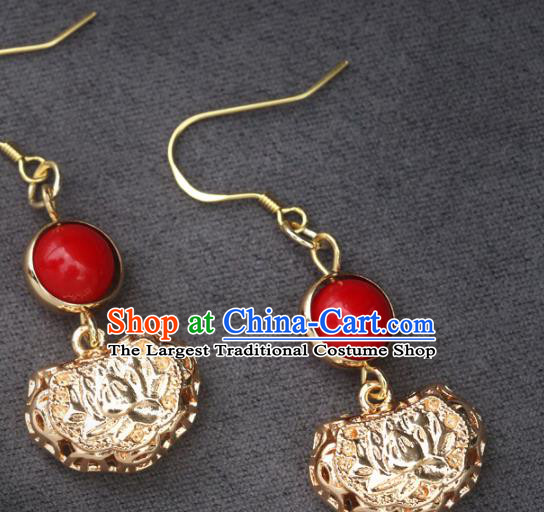 Handmade Chinese National Longevity Lock Ear Accessories Traditional Hollow Golden Earrings