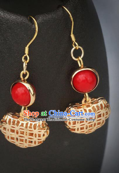 Handmade Chinese National Longevity Lock Ear Accessories Traditional Hollow Golden Earrings