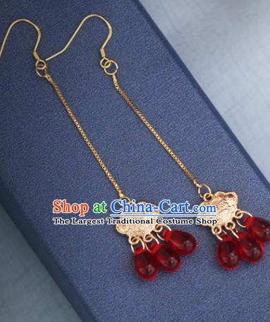 Handmade Chinese National Long Ear Accessories Traditional Golden Longevity Lock Earrings