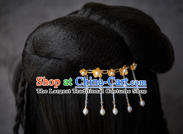 China Ancient Court Lady Tassel Hair Stick Peach Blossom Hairpin Traditional Ming Dynasty Hanfu Pearls Hair Accessories