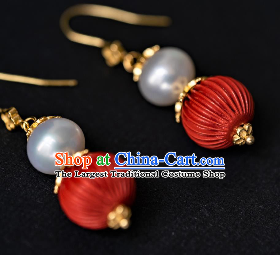 China Traditional Hanfu Cinnabar Earrings Ancient Qing Dynasty Ear Jewelry