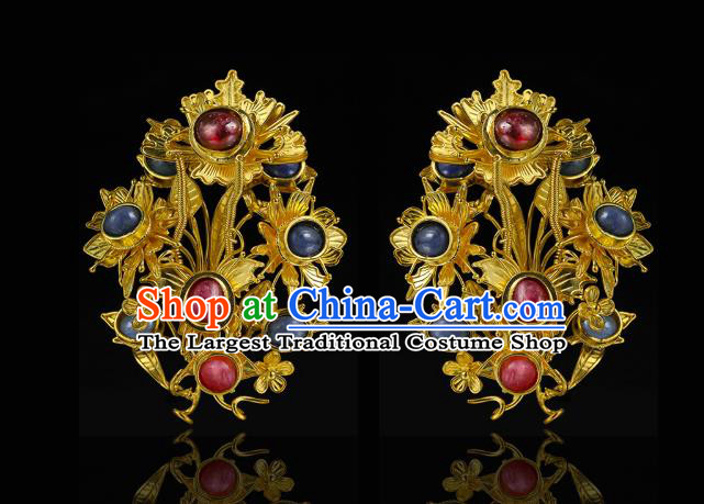 China Traditional Gems Hair Accessories Handmade Ming Dynasty Palace Hair Crown Ancient Queen Golden Hairpin for Women