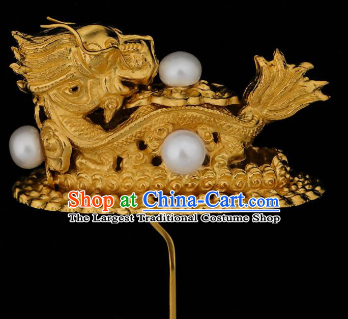 China Traditional Golden Dragon Hair Accessories Handmade Ming Dynasty Hair Stick Ancient Empress Pearls Hairpin for Women