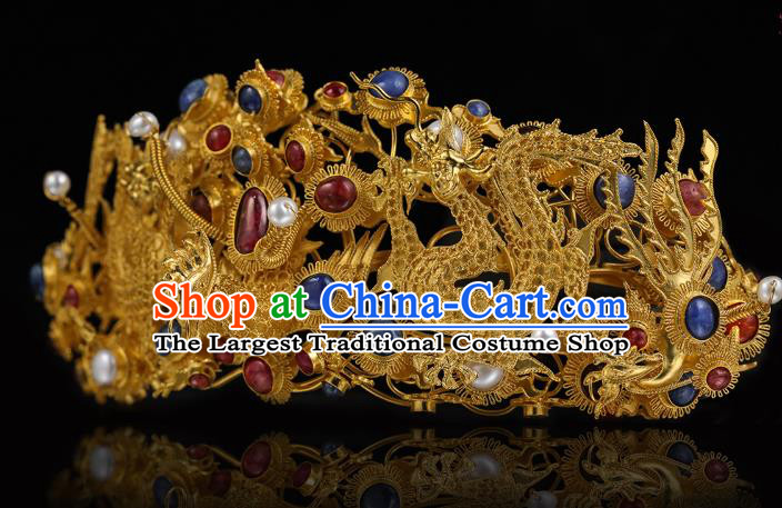 China Traditional Court Hair Accessories Handmade Ming Dynasty Gems Hair Crown Ancient Empress Golden Dragon Hairpin for Women