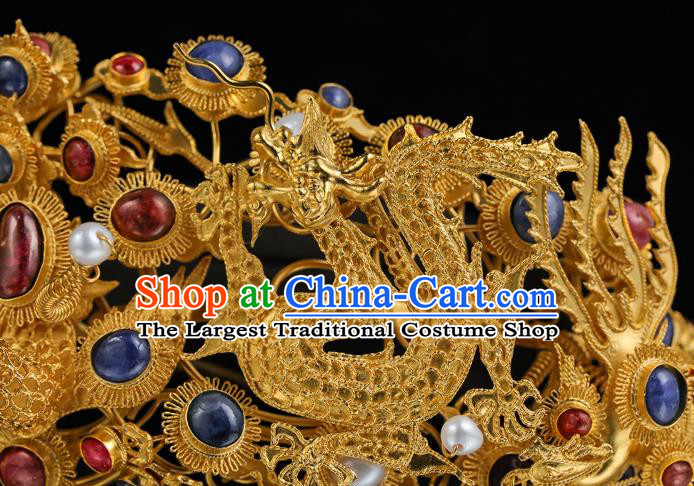 China Traditional Court Hair Accessories Handmade Ming Dynasty Gems Hair Crown Ancient Empress Golden Dragon Hairpin for Women