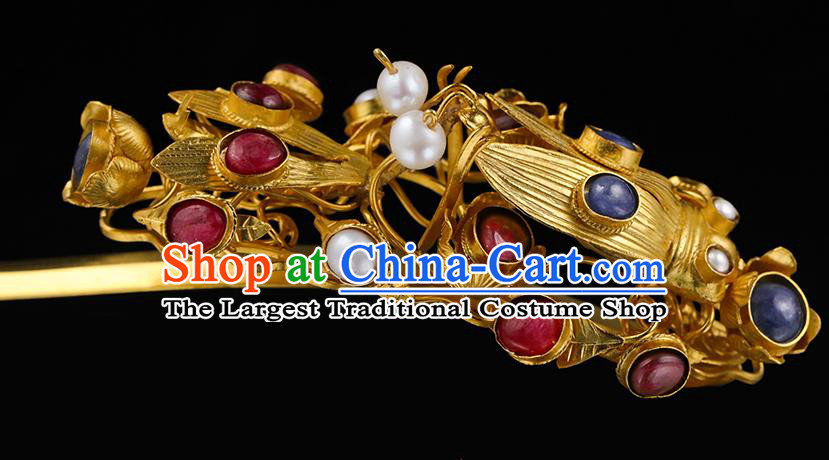 China Traditional Handmade Hair Accessories Ming Dynasty Gems Hair Stick Ancient Queen Golden Cicada Hairpin for Women