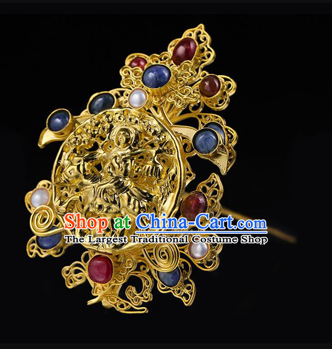 China Traditional Ming Dynasty Golden Hair Crown Ancient Queen Gems Hairpin Handmade Filigree Hair Accessories for Women