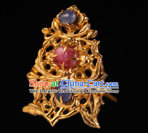 China Traditional Ming Dynasty Gems Hair Crown Handmade Hair Accessories Ancient Queen Golden Hairpin