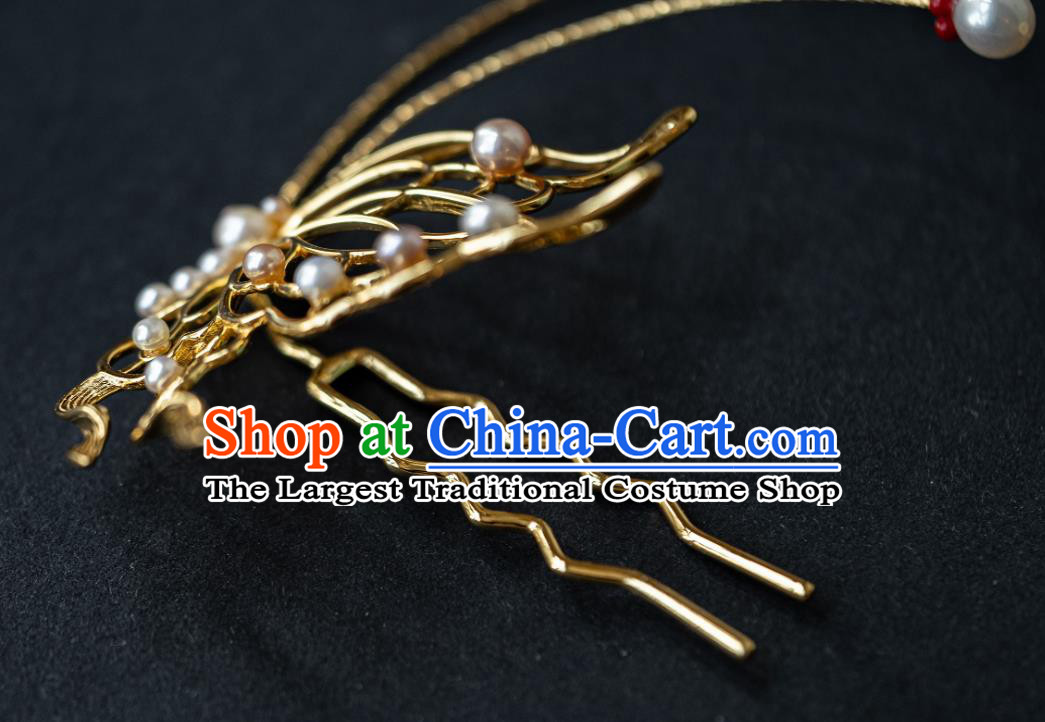 China Ming Dynasty Pearls Butterfly Hairpin Traditional Hanfu Hair Accessories Ancient Noble Lady Xue Baochai Hair Stick