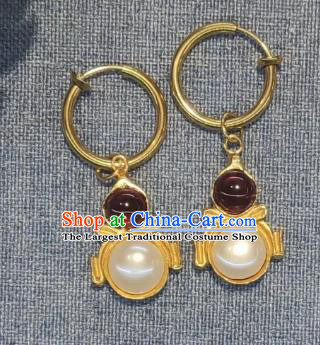 Handmade Chinese Qing Dynasty Court Gems Ear Accessories Traditional Ancient Imperial Consort Pearl Earrings Jewelry