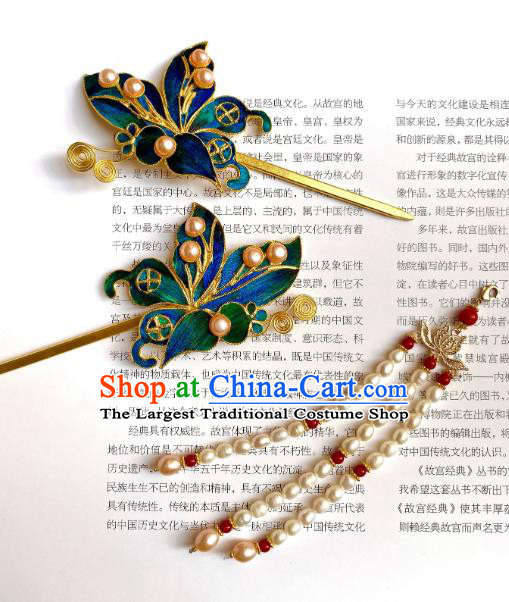 China Ancient Palace Lady Pearls Tassel Hairpin Handmade Hair Accessories Traditional Ming Dynasty Court Hair Stick