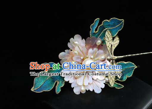 China Ancient Empress Pink Shell Peony Dragonfly Hairpin Handmade Hair Accessories Traditional Ming Dynasty Hair Stick