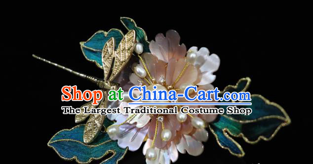 China Ancient Empress Pink Shell Peony Dragonfly Hairpin Handmade Hair Accessories Traditional Ming Dynasty Hair Stick