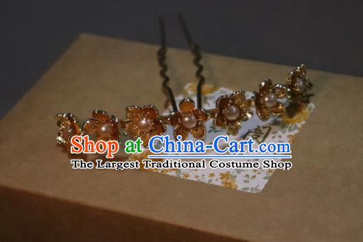 China Ancient Princess Golden Plum Hairpin Handmade Hair Accessories Traditional Ming Dynasty Pearls Hair Clip