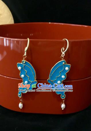 Handmade Chinese Qing Dynasty Court Ear Accessories Traditional Ancient Imperial Consort Blue Butterfly Earrings Jewelry