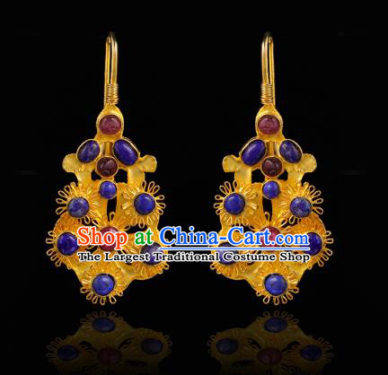 Handmade Chinese Traditional Ming Dynasty Golden Plum Ear Accessories Ancient Court Lady Earrings Gems Jewelry