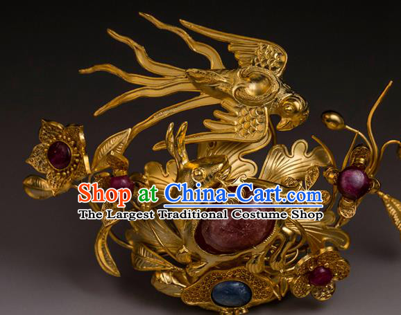 China Traditional Ming Dynasty Golden Flower Bird Hairpin Handmade Hair Accessories Ancient Queen Filigree Hair Crown