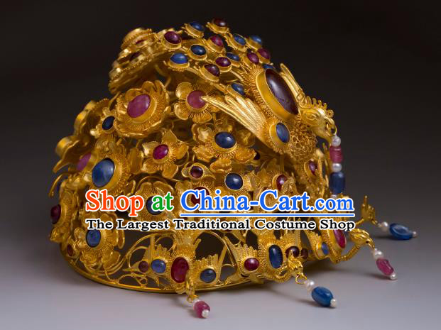 China Traditional Ming Dynasty Golden Phoenix Coronet Handmade Hair Accessories Ancient Empress Gems Hair Crown
