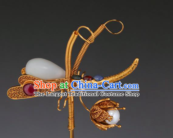 China Ancient Princess White Jade Hairpin Handmade Hair Accessories Traditional Ming Dynasty Gems Dragonfly Hair Stick