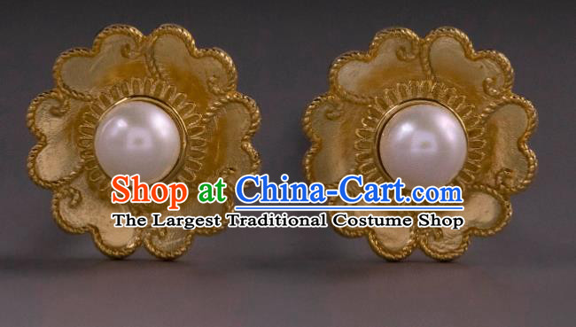 Handmade Chinese Traditional Ming Dynasty Golden Ear Accessories Ancient Court Lady Earrings Pearl Jewelry