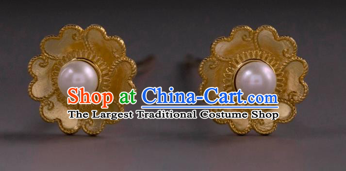 Handmade Chinese Traditional Ming Dynasty Golden Ear Accessories Ancient Court Lady Earrings Pearl Jewelry