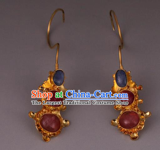 Handmade Chinese Ming Dynasty Court Ear Accessories Traditional Ancient Palace Lady Gems Earrings Jewelry