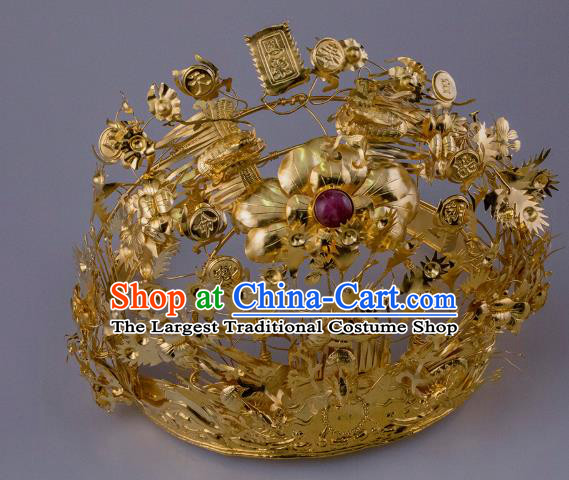 China Ancient Queen Golden Peony Hair Crown Handmade Hair Accessories Traditional Ming Dynasty Phoenix Coronet