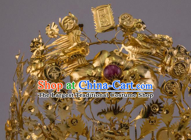 China Ancient Queen Golden Peony Hair Crown Handmade Hair Accessories Traditional Ming Dynasty Phoenix Coronet