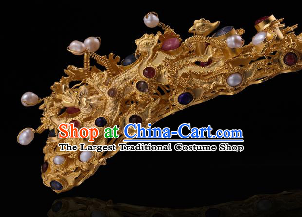 China Ancient Queen Golden Dragon Hair Stick Handmade Hair Accessories Traditional Ming Dynasty Filigree Hairpin