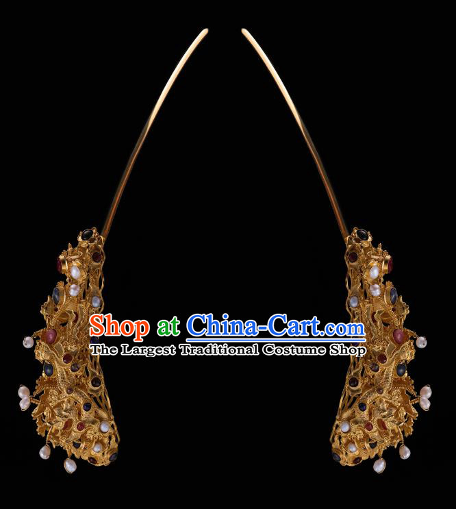 China Ancient Queen Golden Dragon Hair Stick Handmade Hair Accessories Traditional Ming Dynasty Filigree Hairpin