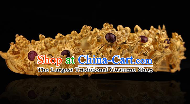 China Ancient Royal Empress Golden Hair Crown Handmade Hair Accessories Traditional Ming Dynasty Carving Phoenix Hairpin