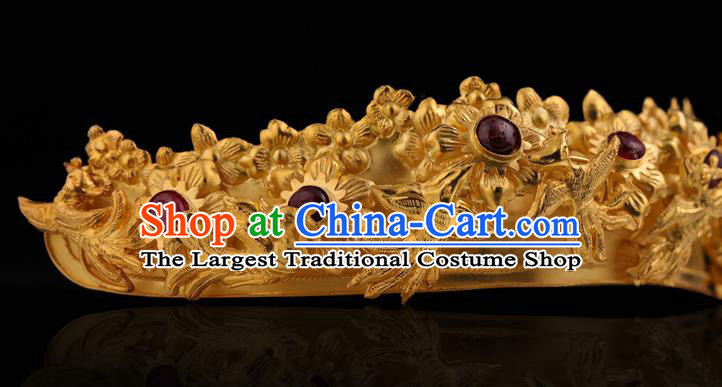 China Ancient Royal Empress Golden Hair Crown Handmade Hair Accessories Traditional Ming Dynasty Carving Phoenix Hairpin