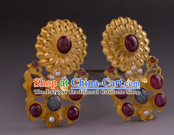 China Ancient Princess Golden Butterfly Flower Hairpin Handmade Hair Accessories Traditional Ming Dynasty Gems Hair Stick