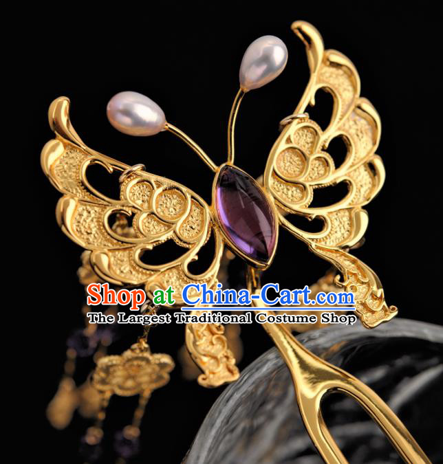 China Traditional Tang Dynasty Hair Accessories Ancient Empress Gilding Butterfly Hairpin Amethyst Hair Clip