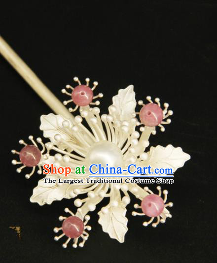 China Ancient Princess Hair Stick Handmade Hair Accessories Traditional Ming Dynasty Argent Flower Hairpin