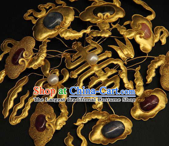 China Ancient Imperial Consort Gems Hair Crown Handmade Hair Accessories Traditional Qing Dynasty Court Golden Hairpin