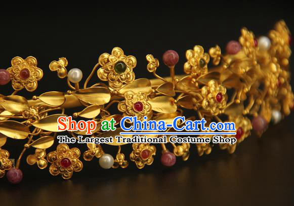China Ancient Imperial Consort Hairpin Handmade Hair Accessories Traditional Ming Dynasty Golden Flowers Hair Crown