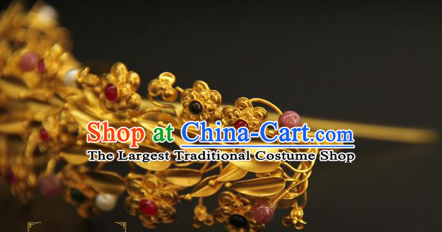 China Ancient Imperial Consort Hairpin Handmade Hair Accessories Traditional Ming Dynasty Golden Flowers Hair Crown