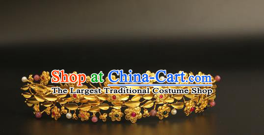 China Ancient Imperial Consort Hairpin Handmade Hair Accessories Traditional Ming Dynasty Golden Flowers Hair Crown