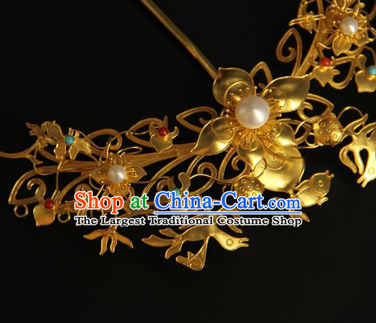 China Ancient Court Hairpin Handmade Hair Accessories Traditional Ming Dynasty Golden Flowers Bird Hair Stick