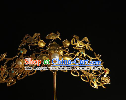China Ancient Court Hairpin Handmade Hair Accessories Traditional Ming Dynasty Golden Flowers Bird Hair Stick
