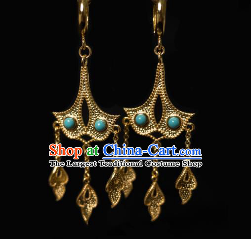 China Traditional Tang Dynasty Imperial Concubine Kallaite Earrings Ancient Golden Ginkgo Leaf Ear Jewelry