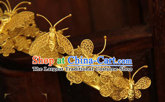 China Traditional Court Hair Crown Ancient Ming Dynasty Golden Butterfly Hairpin Handmade Hair Accessories
