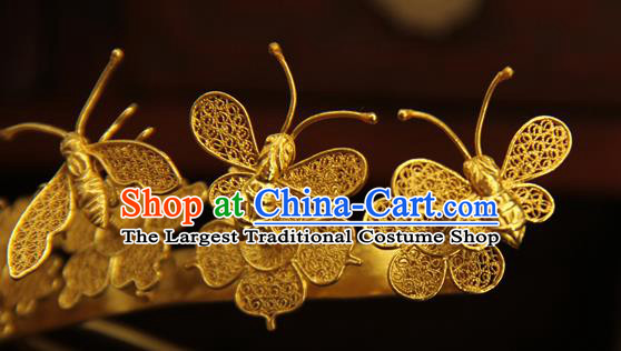 China Traditional Court Hair Crown Ancient Ming Dynasty Golden Butterfly Hairpin Handmade Hair Accessories