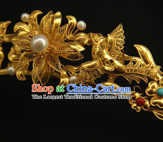 China Traditional Court Golden Hair Stick Handmade Hair Accessories Ancient Ming Dynasty Flowers Hairpin