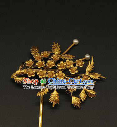 China Handmade Golden Plum Hair Accessories Ancient Ming Dynasty Empress Hairpin Traditional Court Hair Stick