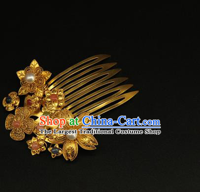 China Ancient Ming Dynasty Golden Hairpin Handmade Hair Accessories Traditional Hanfu Pearl Hair Combs
