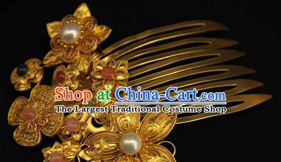 China Ancient Ming Dynasty Golden Hairpin Handmade Hair Accessories Traditional Hanfu Pearl Hair Combs