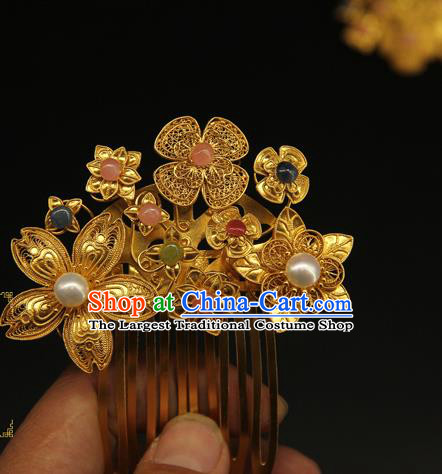 China Ancient Ming Dynasty Golden Hairpin Handmade Hair Accessories Traditional Hanfu Pearl Hair Combs