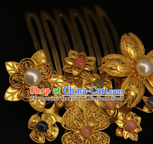 China Ancient Ming Dynasty Golden Hairpin Handmade Hair Accessories Traditional Hanfu Pearl Hair Combs